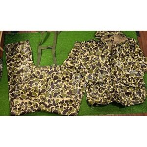 VTG Duck Camo Overalls L DryWear 2 Pc PVC Hooded Rain Slick Hunt 70s Stearns